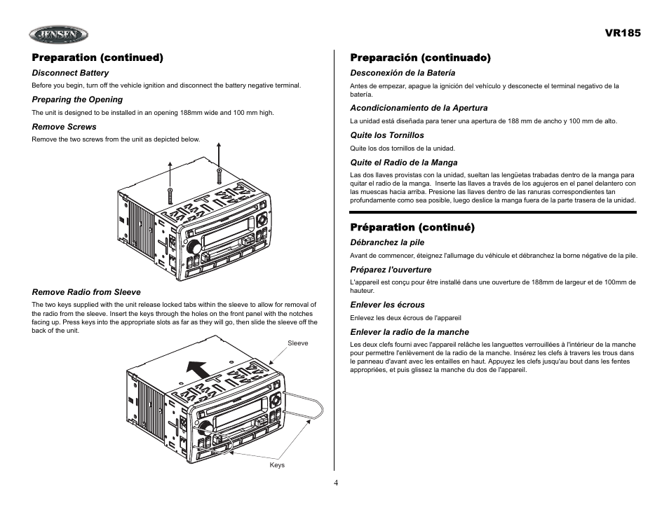 Preparación (continuado), Desconexión de la batería, Acondicionamiento de la apertura | Quite los tornillos, Quite el radio de la manga, Préparation (continué), Débranchez la pile, Préparez l'ouverture, Enlever les écrous, Enlever la radio de la manche | ASA Electronics VR185 User Manual | Page 4 / 21