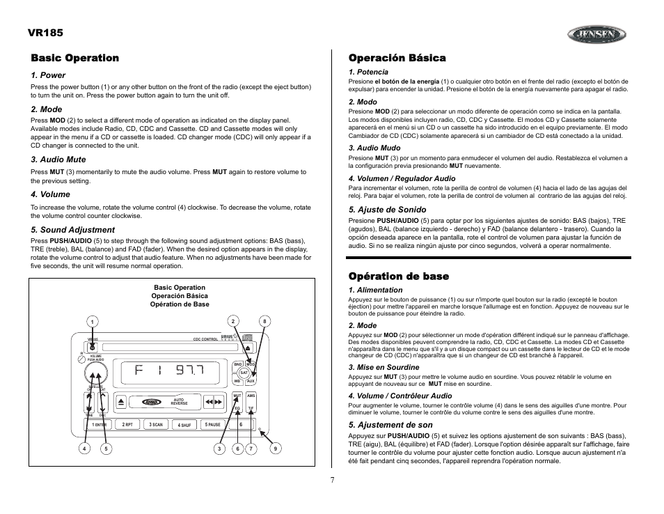 Basic operation, Power, Mode | Audio mute, Volume, Sound adjustment, Operación básica, Potencia, Modo, Audio mudo | ASA Electronics VR185 User Manual | Page 7 / 21