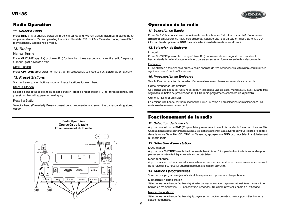 Radio operation, Select a band, Tuning | Preset stations, Operación de la radio, Selección de banda, Selección de emisora, Preselección de emisoras, Fonctionnement de la radio, Sélection de la bande | ASA Electronics VR185 User Manual | Page 9 / 21