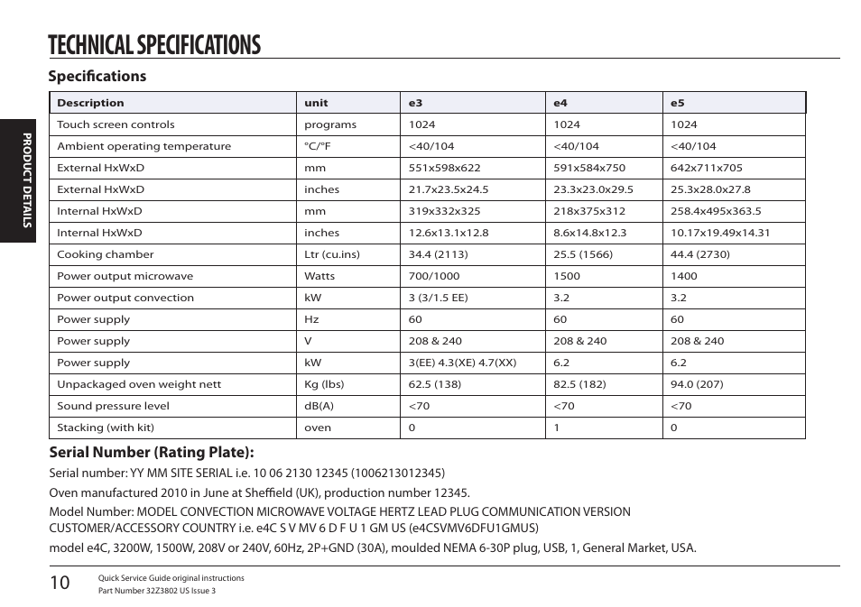 Technical specifications, Specifications, Serial number (rating plate) | Merrychef eikon e5 User Manual | Page 10 / 97