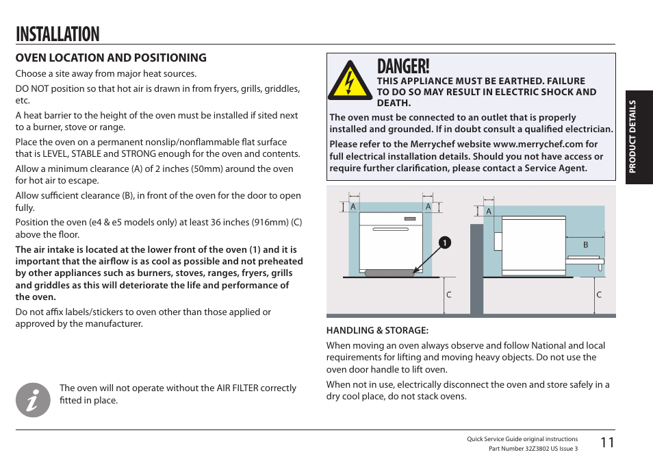 Installation, Oven location and positioning, Danger | Merrychef eikon e5 User Manual | Page 11 / 97