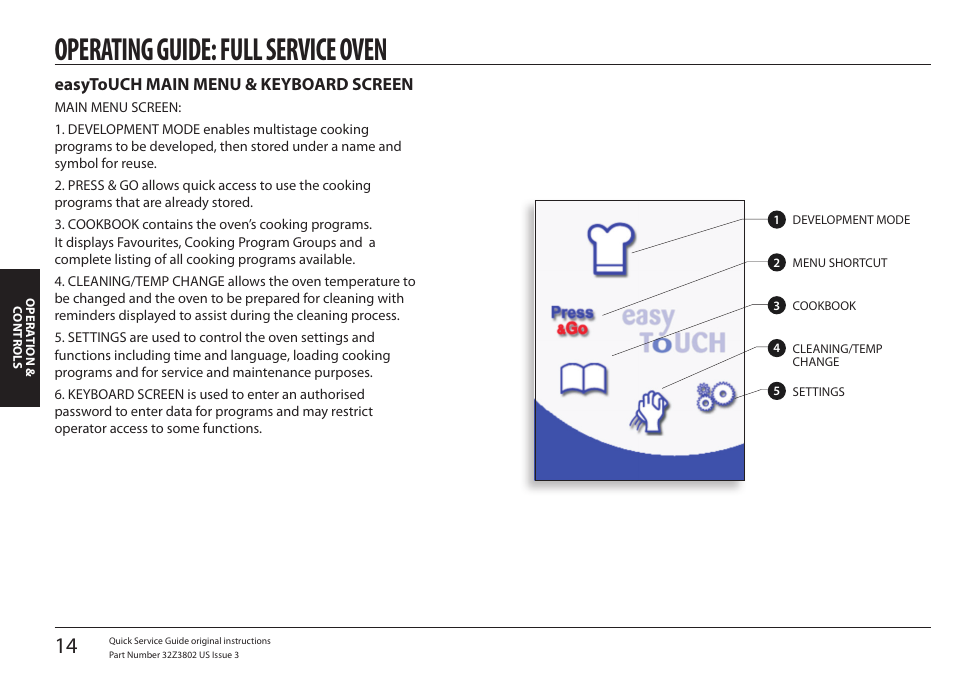 Operating guide: full service oven, Easytouch main menu & keyboard screen | Merrychef eikon e5 User Manual | Page 14 / 97