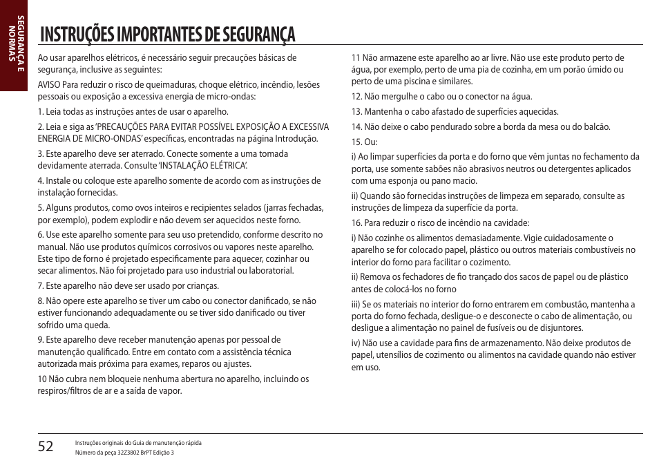 Segurança e normas, Instruções importantes de segurança | Merrychef eikon e5 User Manual | Page 52 / 97