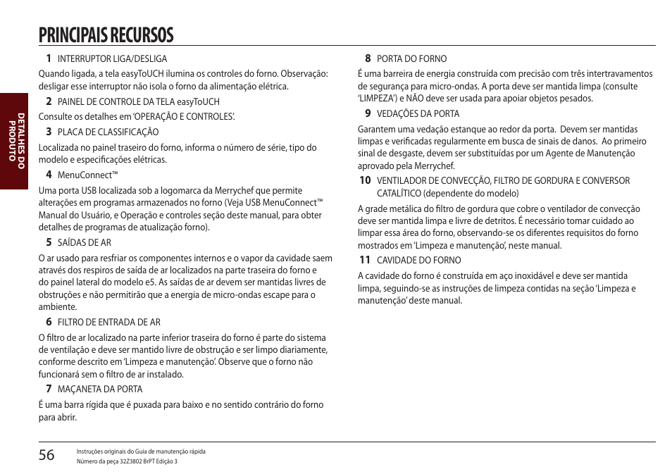 Principais recursos, Detalhes do produto | Merrychef eikon e5 User Manual | Page 56 / 97