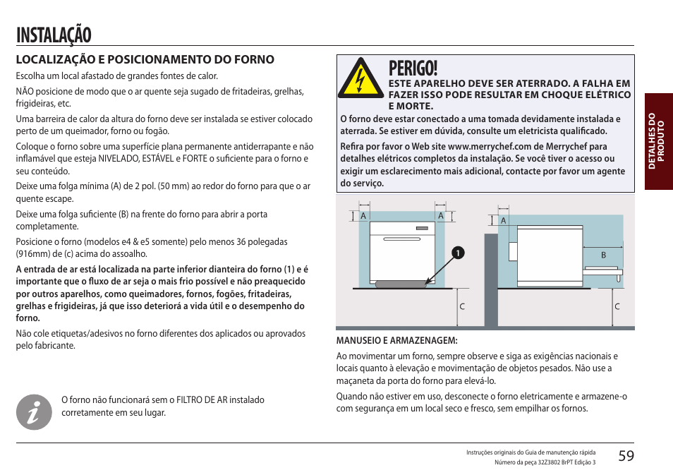 Instalação, Localização e posicionamento do forno, Perigo | Merrychef eikon e5 User Manual | Page 59 / 97