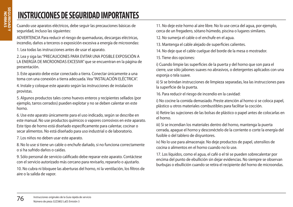 Seguridad y normas, Instrucciones de seguridad importantes | Merrychef eikon e5 User Manual | Page 76 / 97