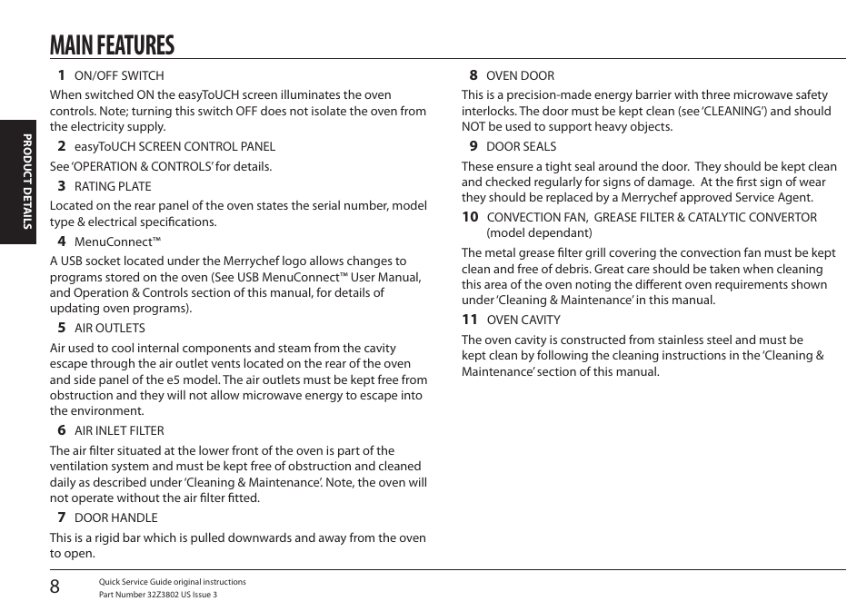 Main features, Product details | Merrychef eikon e5 User Manual | Page 8 / 97