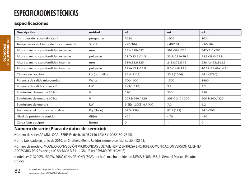 Especificaciones técnicas, Especificaciones, Número de serie (placa de datos de servicio) | Merrychef eikon e5 User Manual | Page 82 / 97