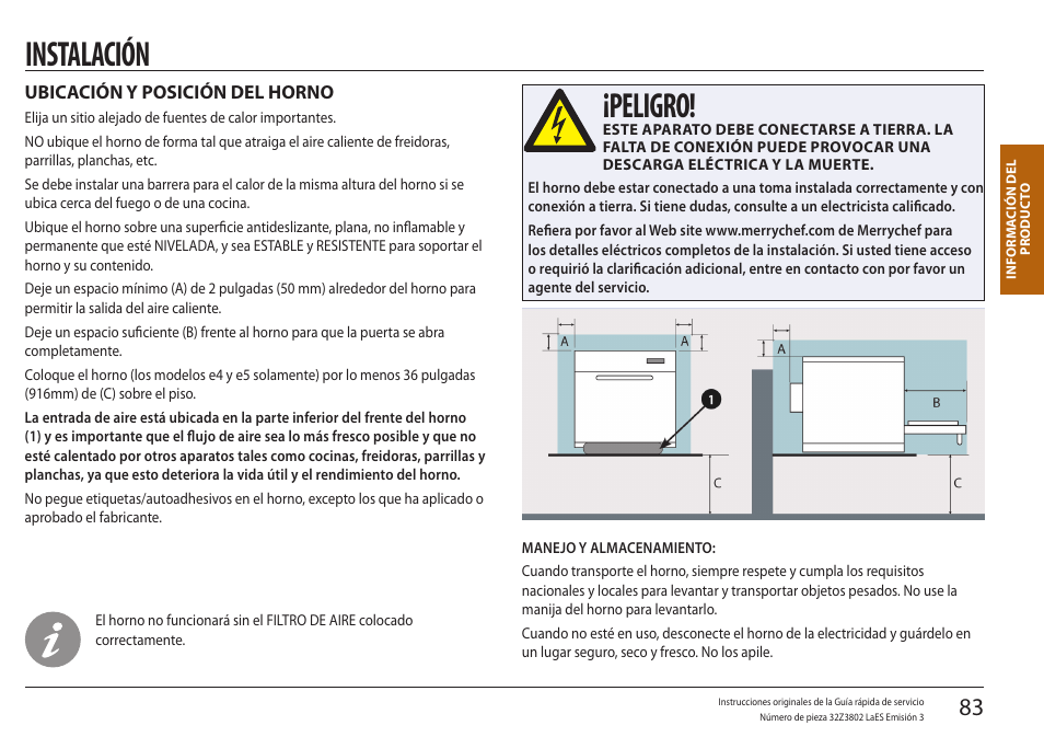 Instalación, Ubicación y posición del horno, Peligro | Merrychef eikon e5 User Manual | Page 83 / 97