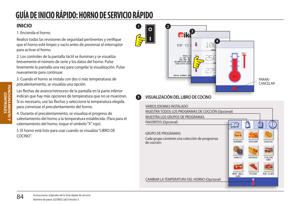 Funcionamiento y controles, Guía de inicio rápido: horno de servicio rápido, Inicio | Merrychef eikon e5 User Manual | Page 84 / 97