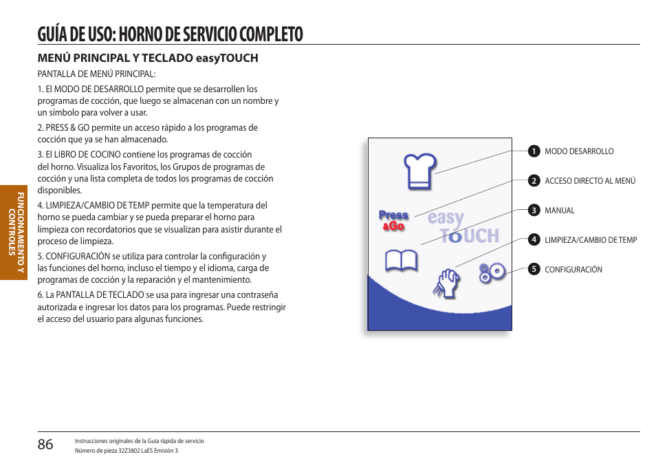 Guía de uso: horno de servicio completo, Menú principal y teclado easytouch | Merrychef eikon e5 User Manual | Page 86 / 97