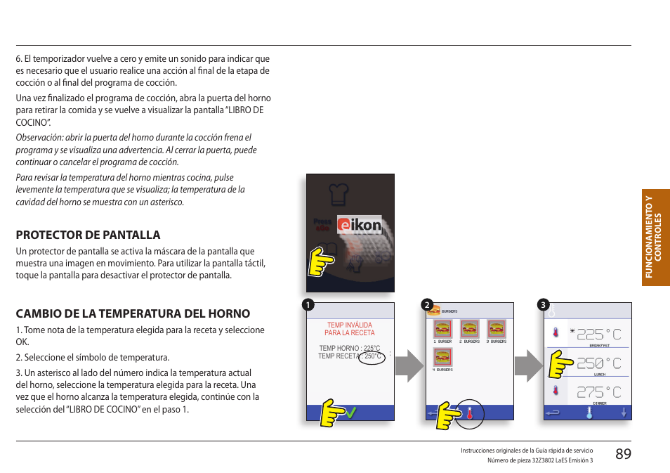 Screen saver, Cambio de la temperatura del horno, Protector de pantalla | Merrychef eikon e5 User Manual | Page 89 / 97