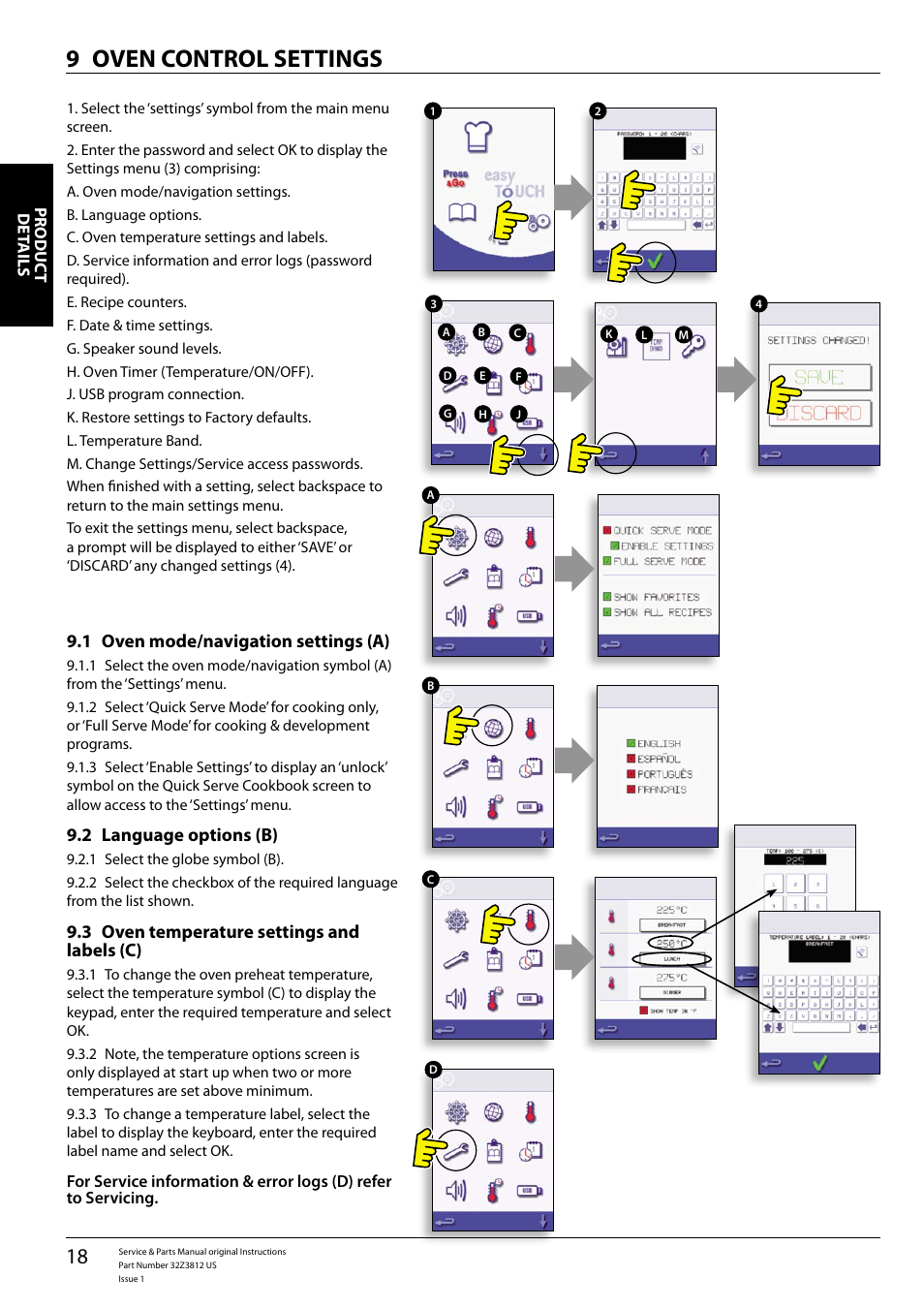 Oven control settings 9, Oven mode/navigation settings (a) 9.1, Language options (b) 9.2 | Oven temperature settings and 9.3 labels (c) | Merrychef eikon e3 User Manual | Page 18 / 60