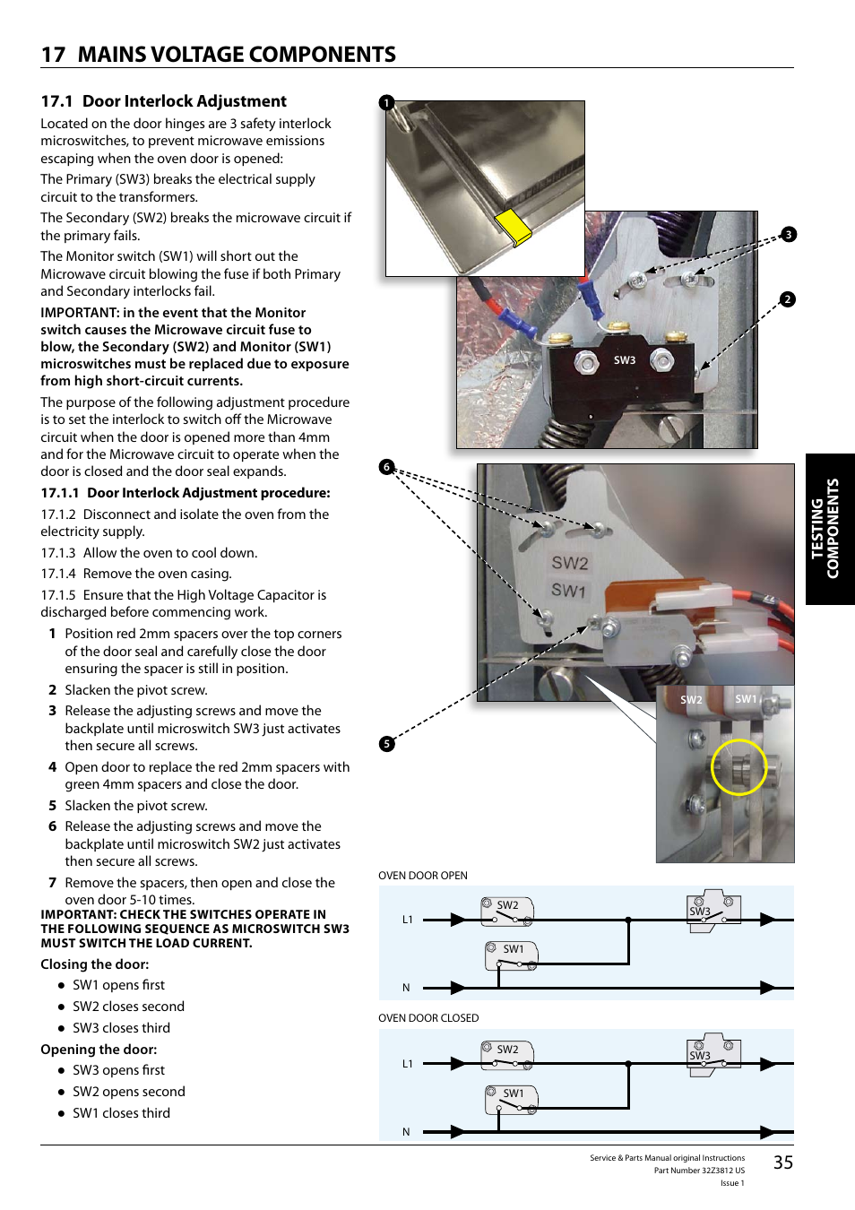 Mains voltage components 17, Door interlock adjustment 17.1 | Merrychef eikon e3 User Manual | Page 35 / 60