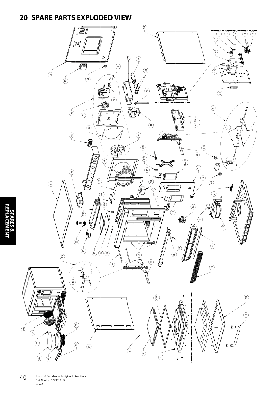 Spare parts exploded view 20, Sp ares & repl a cement | Merrychef eikon e3 User Manual | Page 40 / 60
