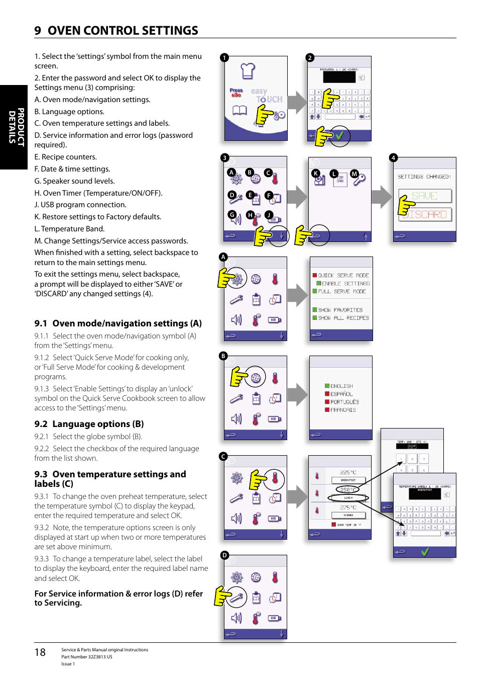 Oven control settings 9, Oven mode/navigation settings (a) 9.1, Language options (b) 9.2 | Oven temperature settings and 9.3 labels (c) | Merrychef eikon e4 User Manual | Page 18 / 58