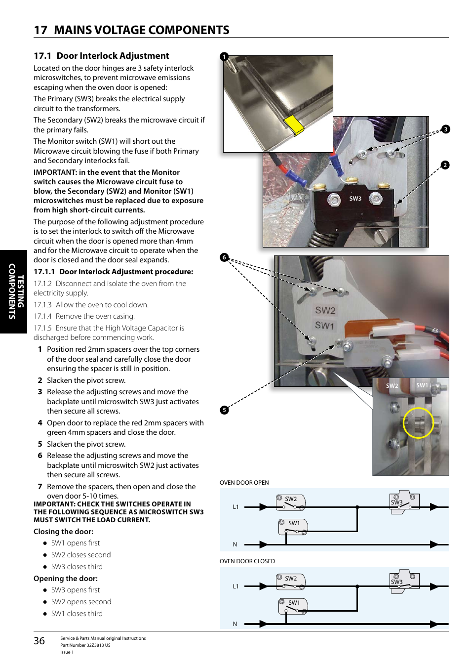 Mains voltage components 17, Door interlock adjustment 17.1 | Merrychef eikon e4 User Manual | Page 36 / 58
