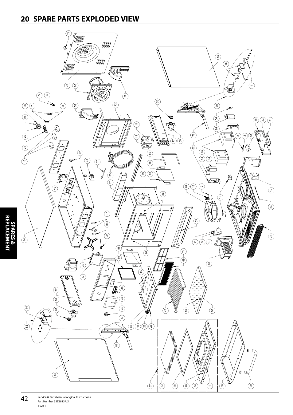 Spare parts exploded view 20, Sp ares & repl a cement | Merrychef eikon e4 User Manual | Page 42 / 58