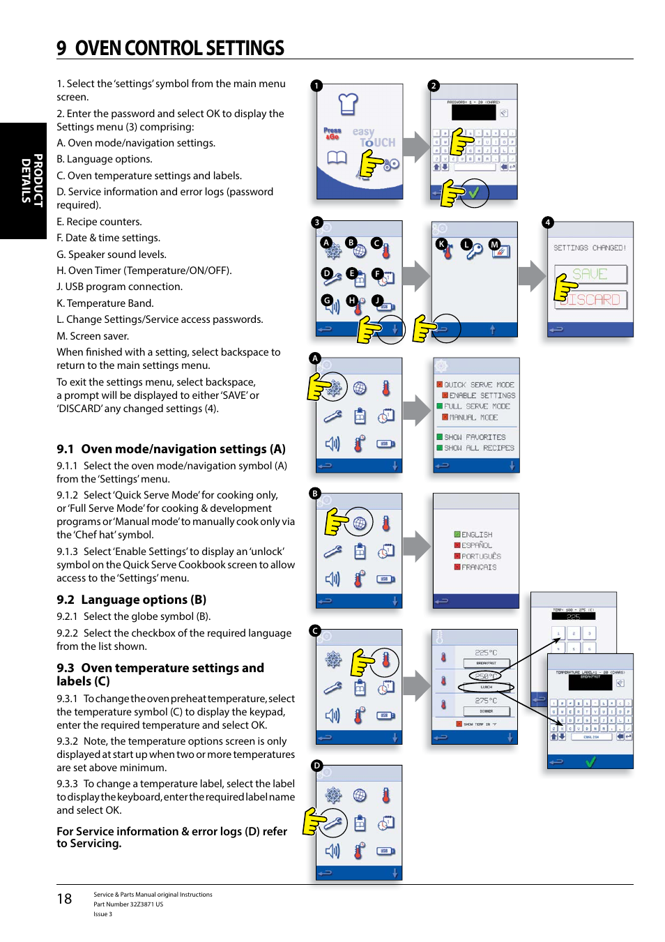 9 oven control settings, 1 oven mode/navigation settings (a), 2 language options (b) | 3 oven temperature settings and labels (c) | Merrychef eikon e4s User Manual | Page 18 / 59