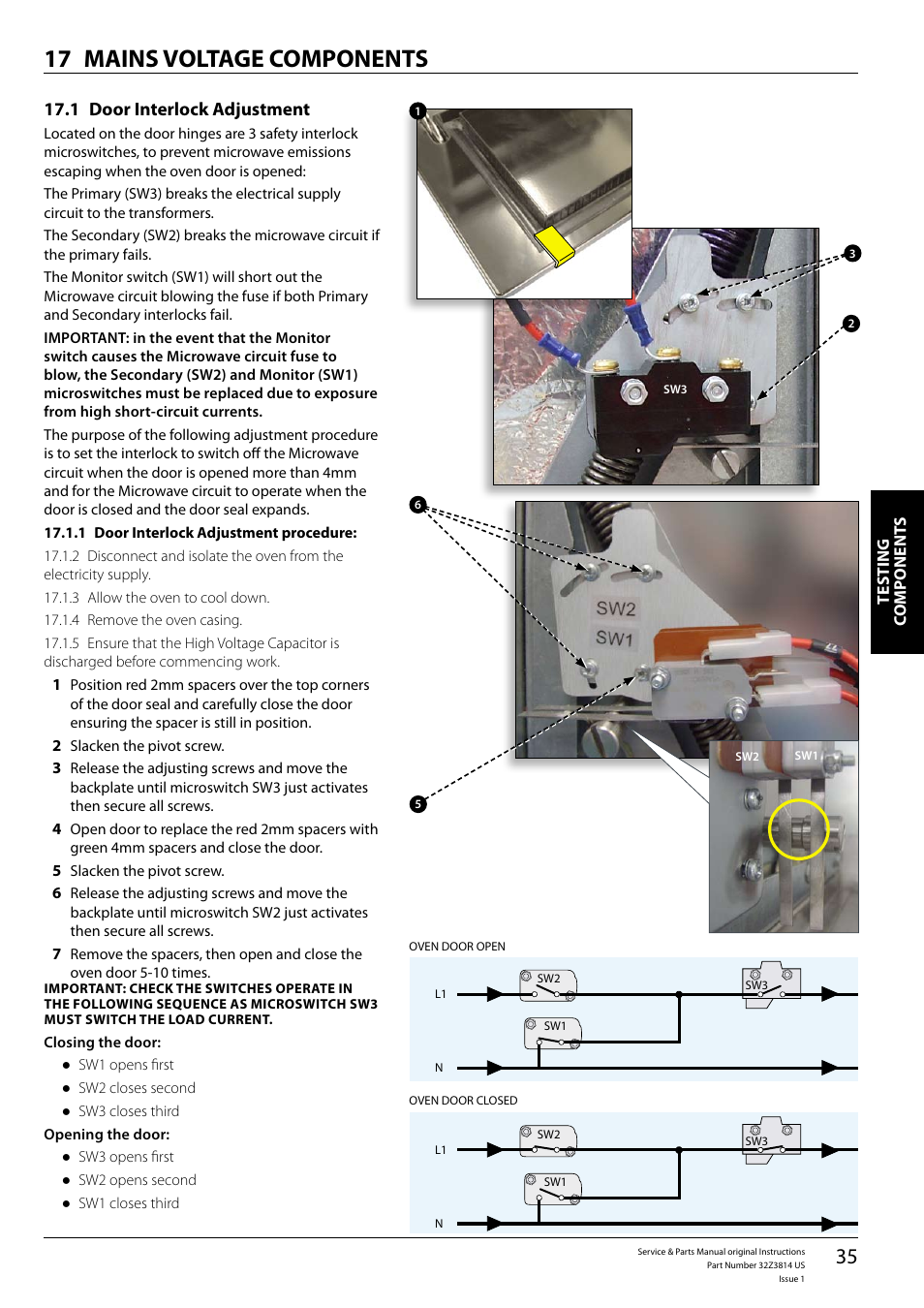 Mains voltage components 17, Door interlock adjustment 17.1 | Merrychef eikon e5 User Manual | Page 35 / 56