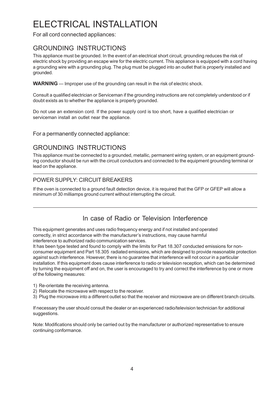 Electrical installation, Grounding instructions | Merrychef 402s User Manual | Page 4 / 16