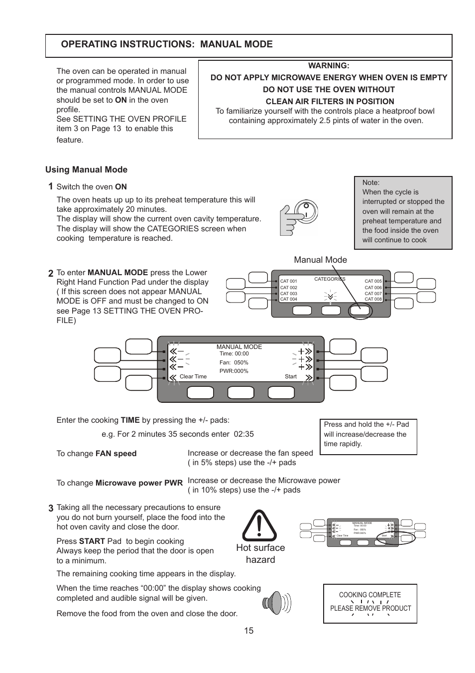 Operating instructions: manual mode, Hot surface hazard | Merrychef 402s User Manual | Page 15 / 66