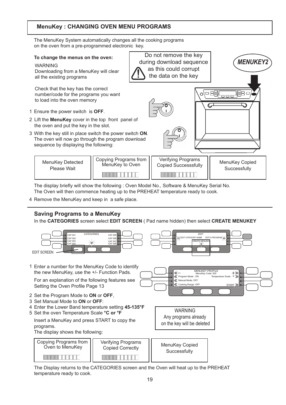 Menukey2, Menukey : changing oven menu programs, Saving programs to a menukey | Merrychef 402s User Manual | Page 19 / 66
