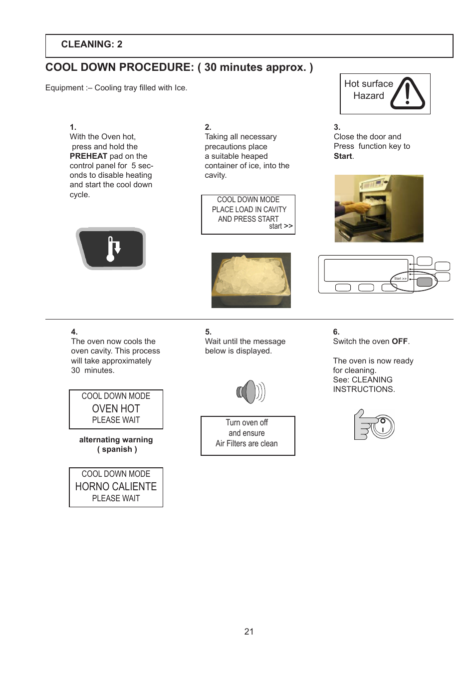 Cool down procedure: ( 30 minutes approx. ), Oven hot, Horno caliente | Merrychef 402s User Manual | Page 21 / 66