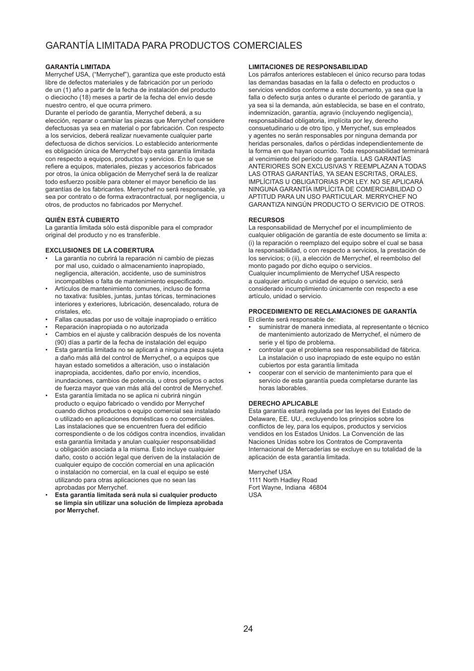 Garantía limitada para productos comerciales | Merrychef 402s User Manual | Page 24 / 66