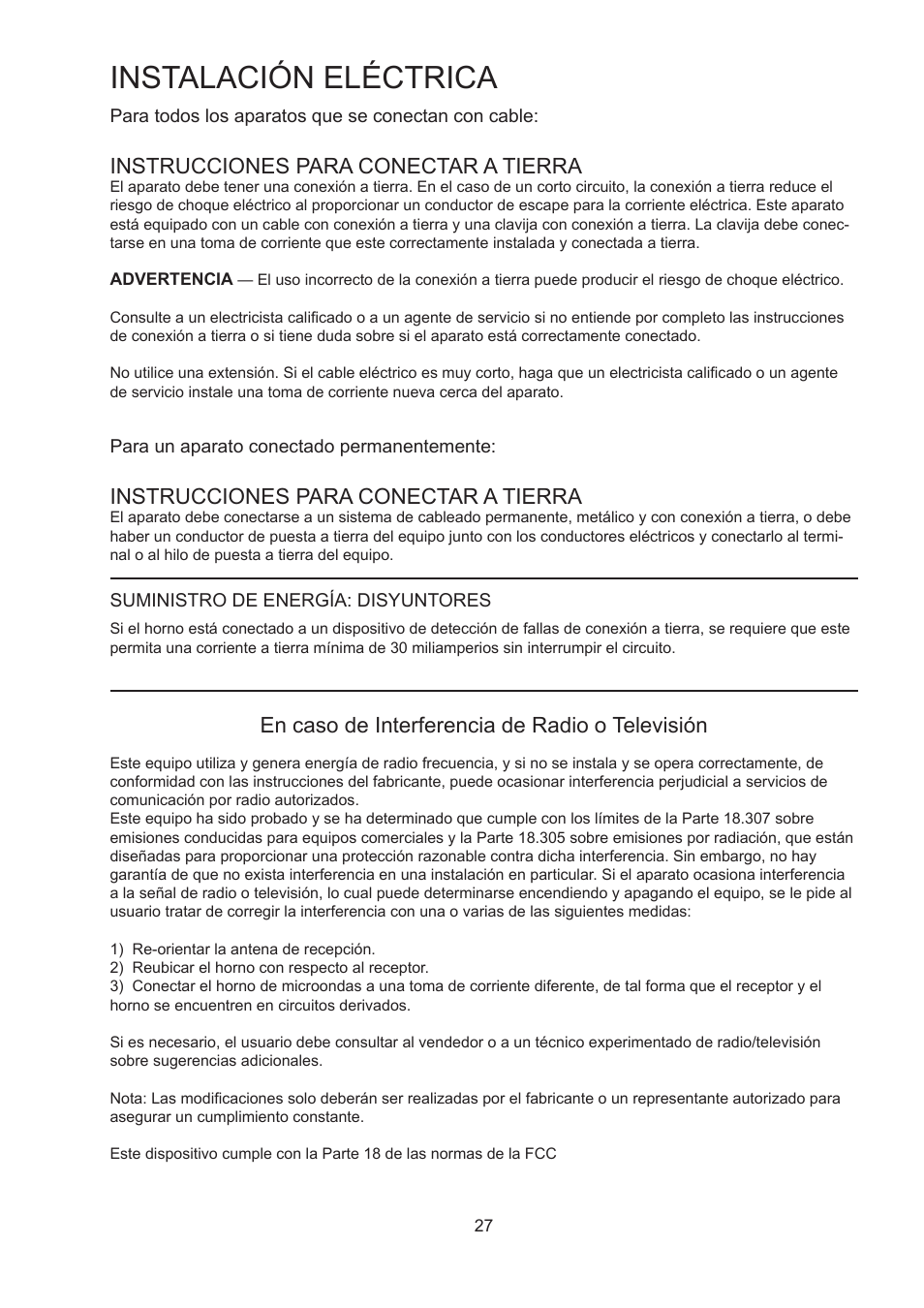 Instalación eléctrica, Instrucciones para conectar a tierra, En caso de interferencia de radio o televisión | Merrychef 402s User Manual | Page 27 / 66