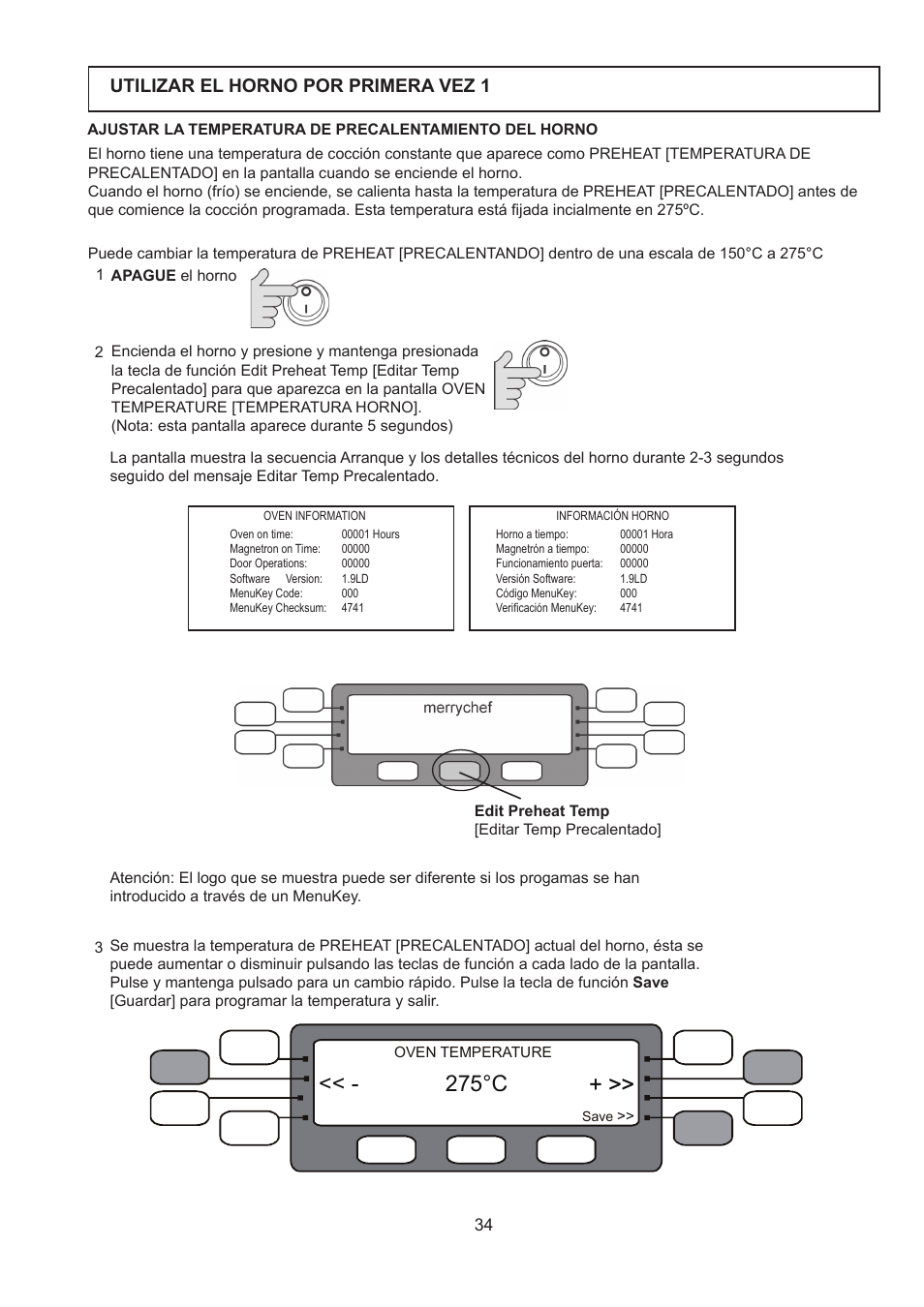 275°c, Utilizar el horno por primera vez 1 | Merrychef 402s User Manual | Page 34 / 66