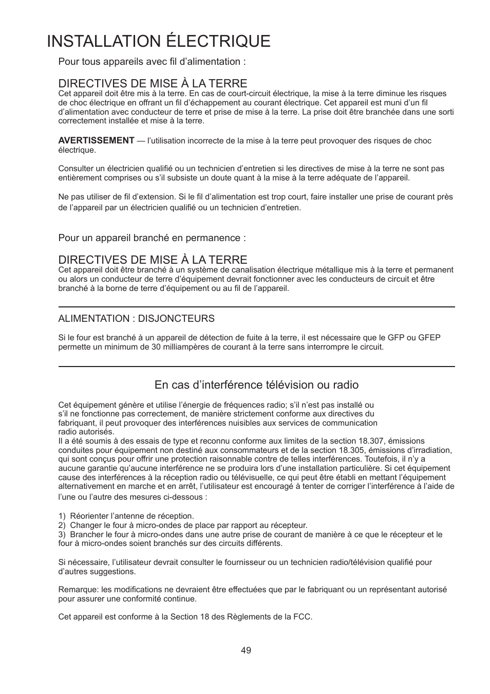 Installation électrique, Directives de mise à la terre, En cas d’interférence télévision ou radio | Merrychef 402s User Manual | Page 49 / 66