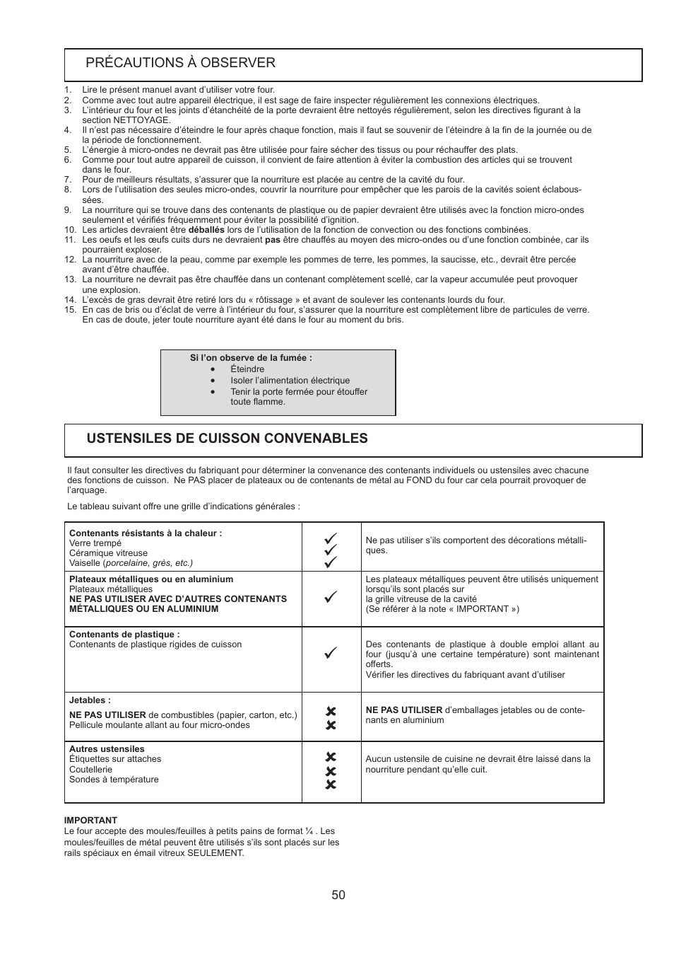 Précautions à observer, Ustensiles de cuisson convenables | Merrychef 402s User Manual | Page 50 / 66