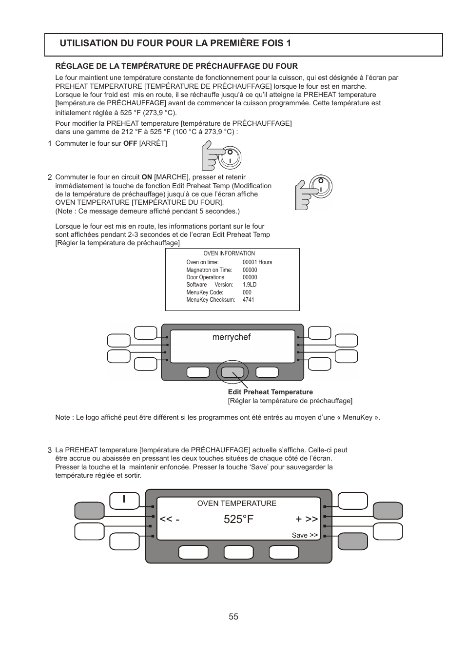 525 f, Utilisation du four pour la première fois 1 | Merrychef 402s User Manual | Page 55 / 66