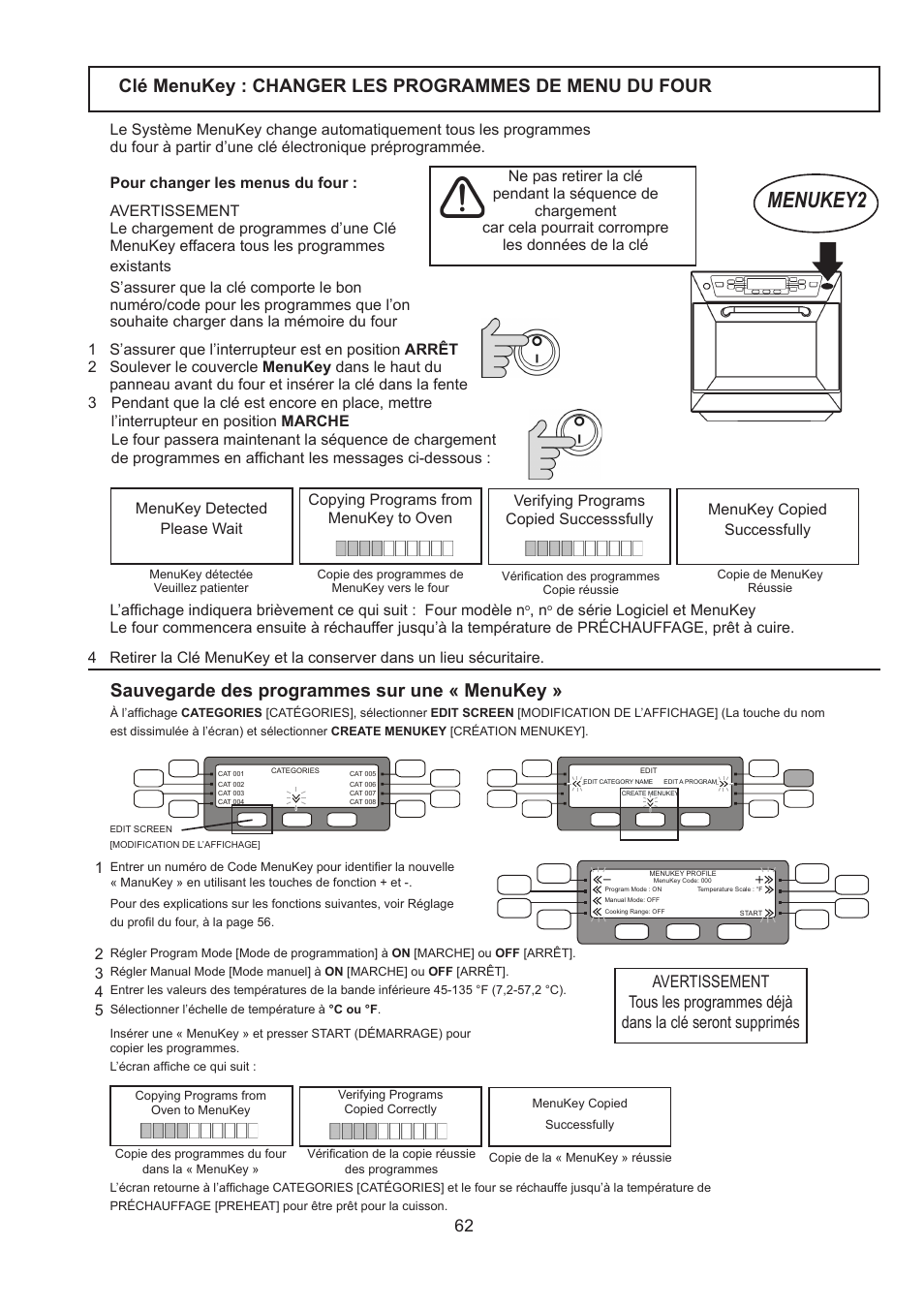 Menukey2, Sauvegarde des programmes sur une « menukey | Merrychef 402s User Manual | Page 62 / 66