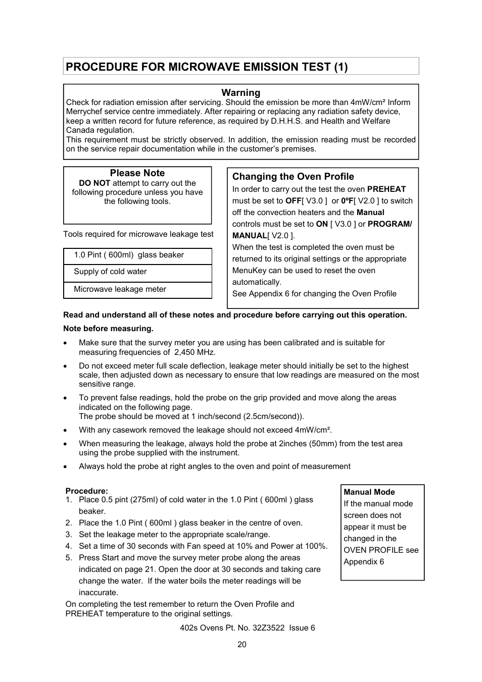 Procedure for microwave emission test (1), Warning, Changing the oven profile | Merrychef 402s User Manual | Page 20 / 51