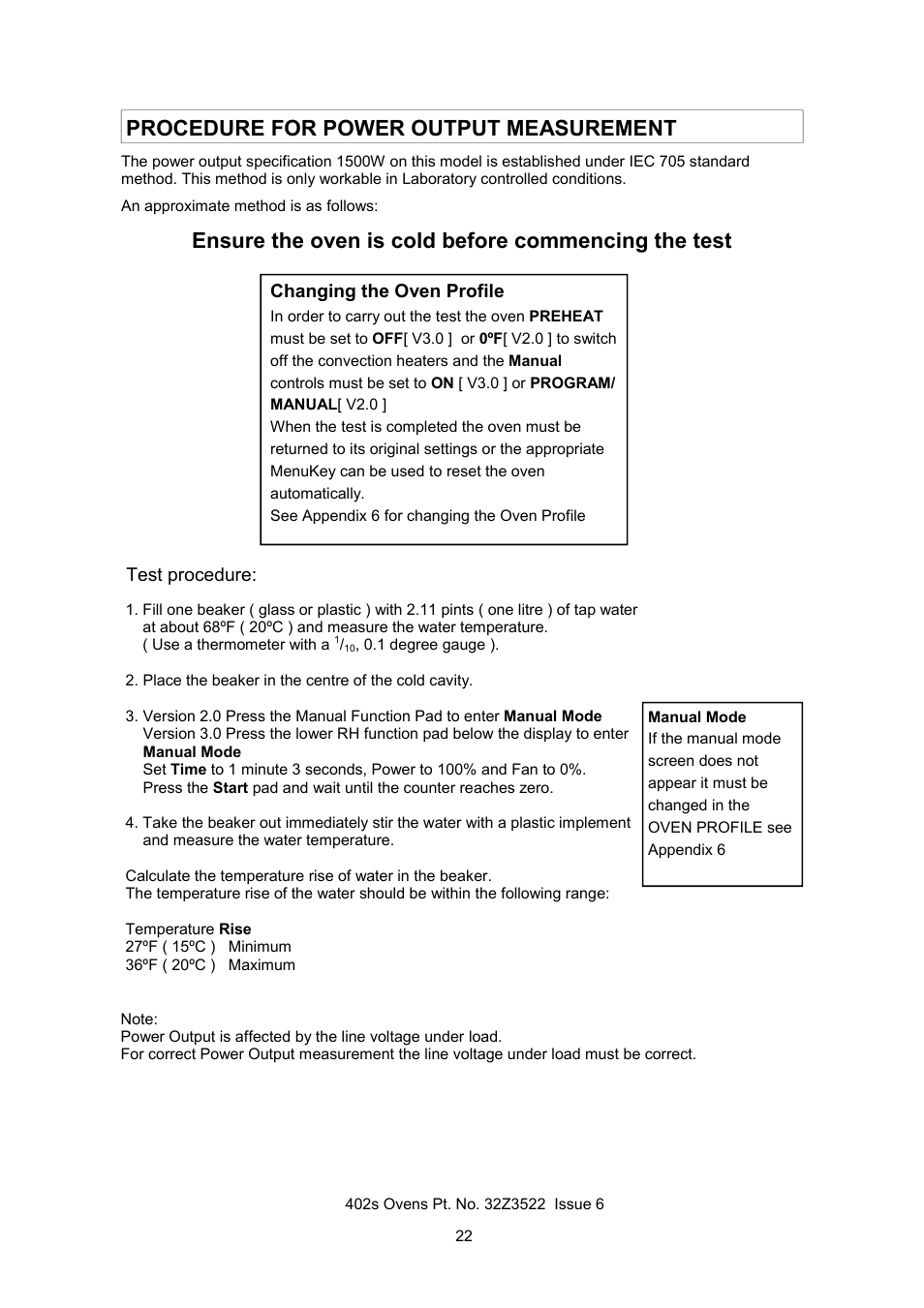 Procedure for power output measurement, Ensure the oven is cold before commencing the test | Merrychef 402s User Manual | Page 22 / 51