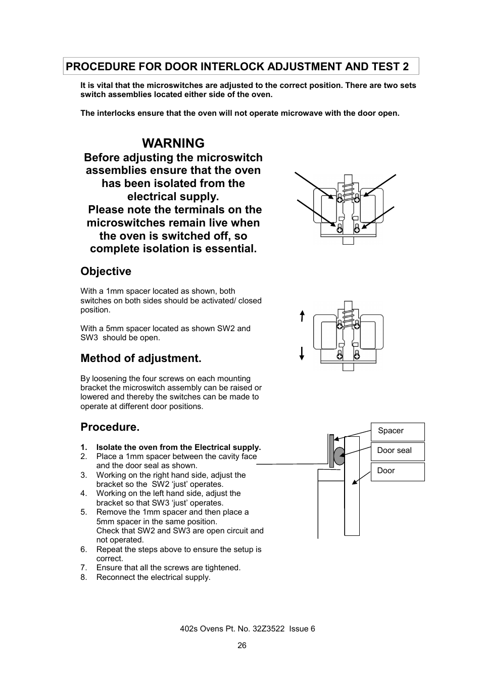 Warning, Objective, Method of adjustment | Procedure | Merrychef 402s User Manual | Page 26 / 51