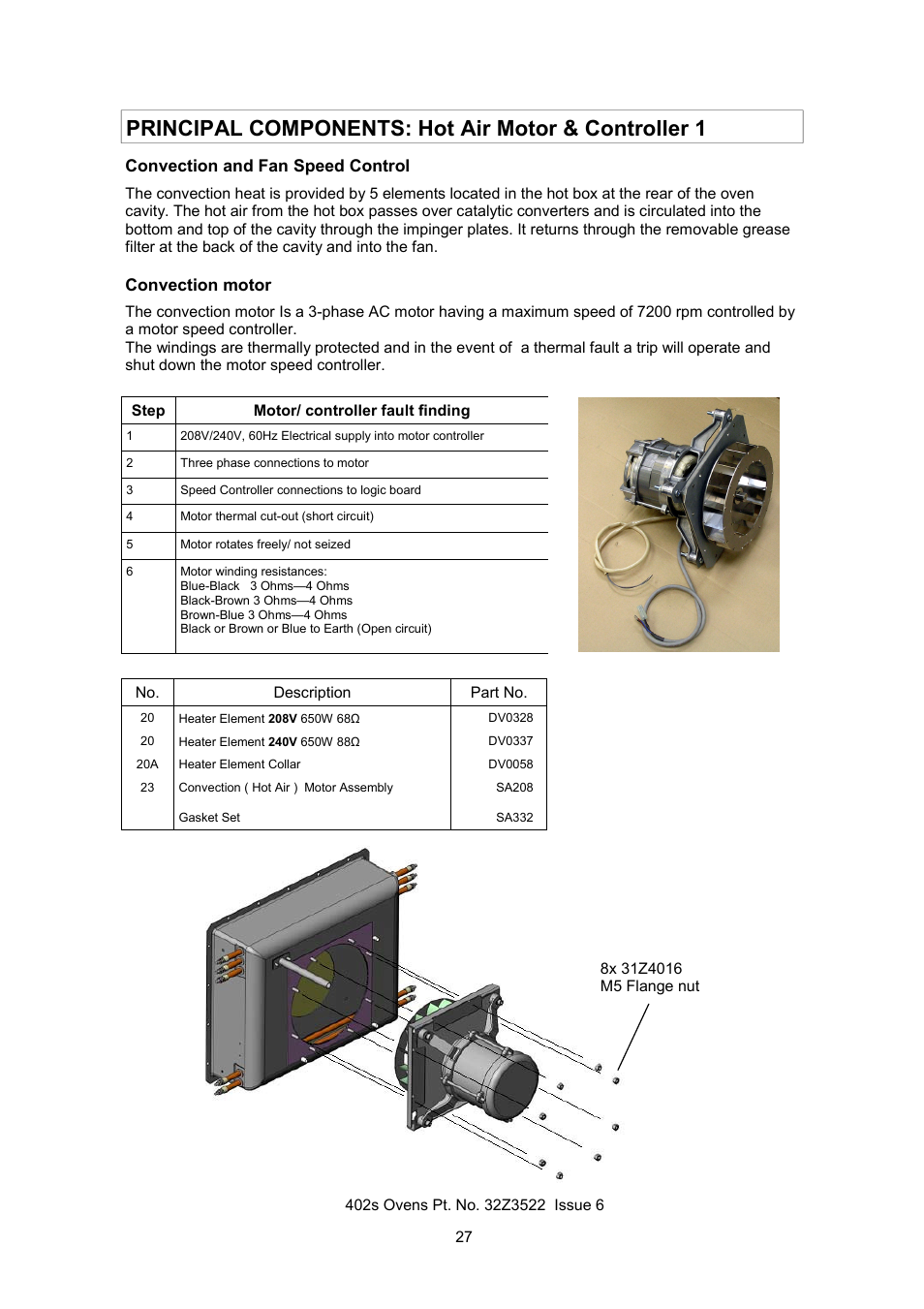 Principal components: hot air motor & controller 1, Convection and fan speed control, Convection motor | Merrychef 402s User Manual | Page 27 / 51