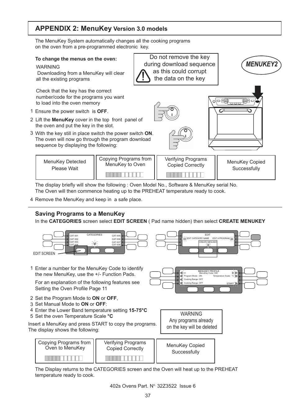 Appendix 2: menukey, Menukey2, Version 3.0 models | Saving programs to a menukey | Merrychef 402s User Manual | Page 37 / 51
