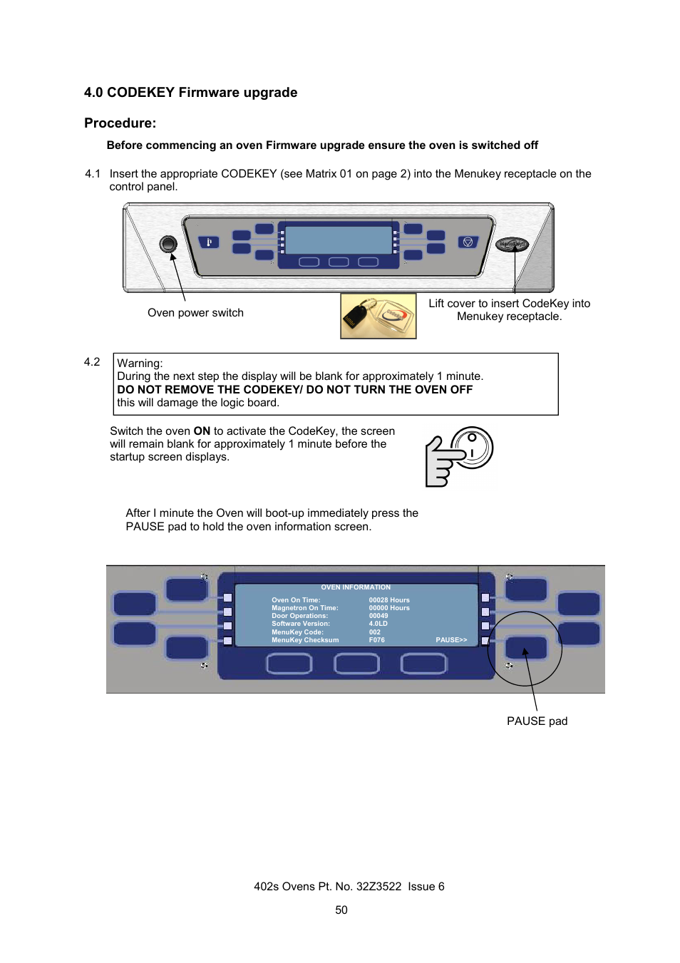 0 codekey firmware upgrade, Procedure | Merrychef 402s User Manual | Page 50 / 51
