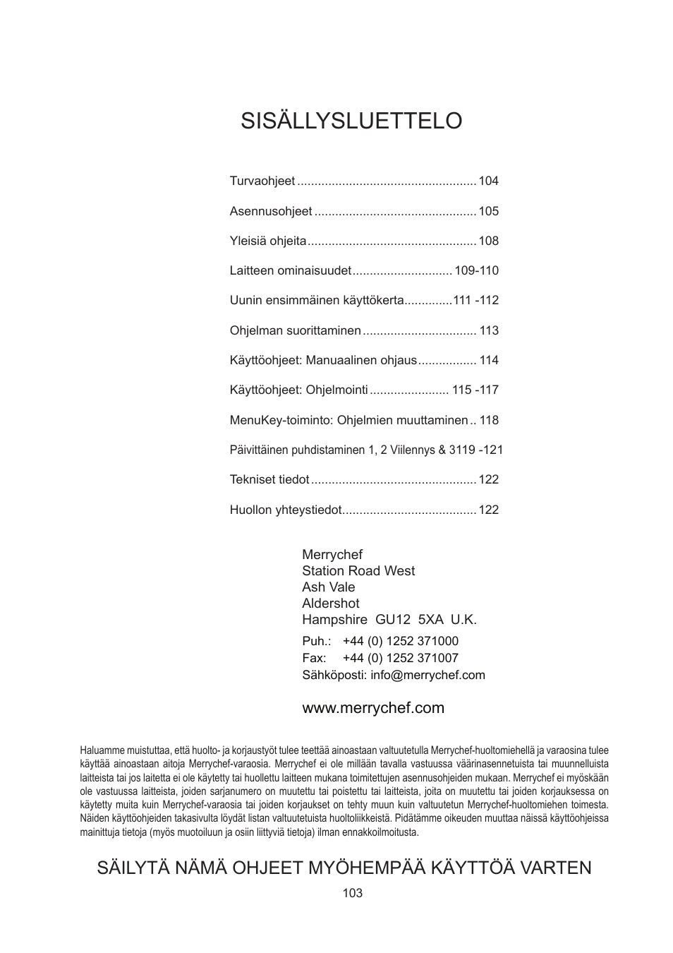 Fin suomi, Sisällysluettelo, Säilytä nämä ohjeet myöhempää käyttöä varten | Merrychef 402s User Manual | Page 103 / 142
