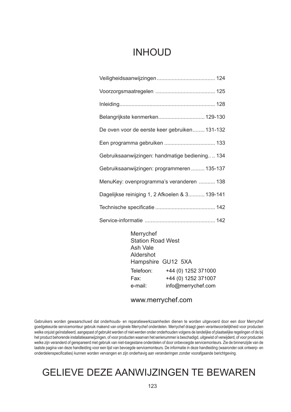 Nl nederlands, Gelieve deze aanwijzingen te bewaren inhoud | Merrychef 402s User Manual | Page 123 / 142
