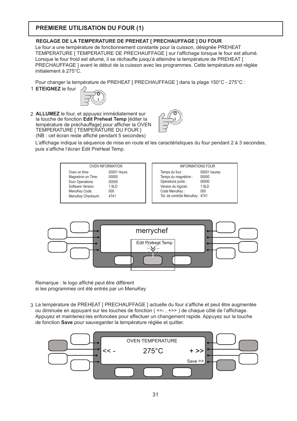 Merrychef, 275°c, Premiere utilisation du four (1) | Merrychef 402s User Manual | Page 31 / 142