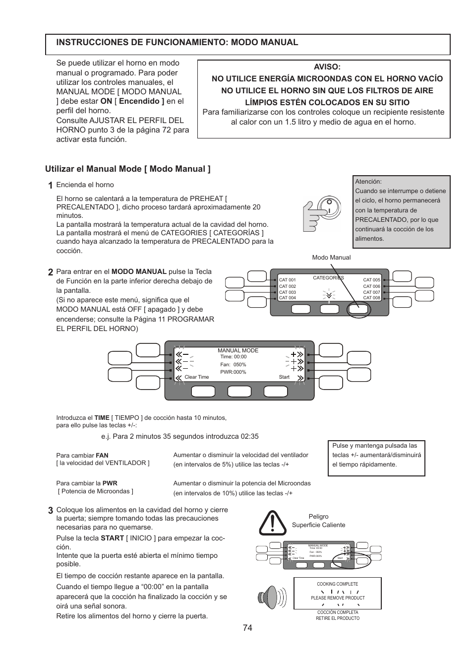 Instrucciones de funcionamiento: modo manual, Utilizar el manual mode [ modo manual | Merrychef 402s User Manual | Page 74 / 142