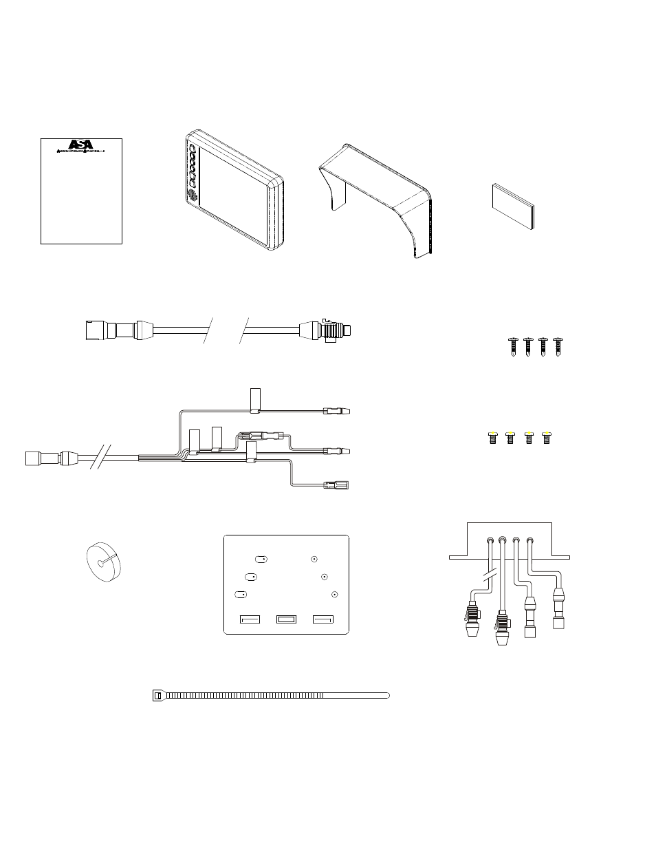 Packing contents, Warranty card qty. 1, Lcd monitor qty. 1 | Sun shield qty. 1, 4” x 2” velcro qty. 1, 5’ intermediate harness qty. 1, Distance marker sticker qty.1, A/v input junction box qty.1 | ASA Electronics AOM681 User Manual | Page 3 / 12