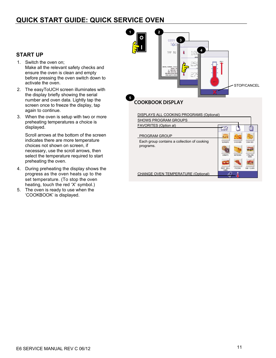 Quick start guide: quick service oven, Start up, Cookbook display | Merrychef eikon e6 User Manual | Page 11 / 64