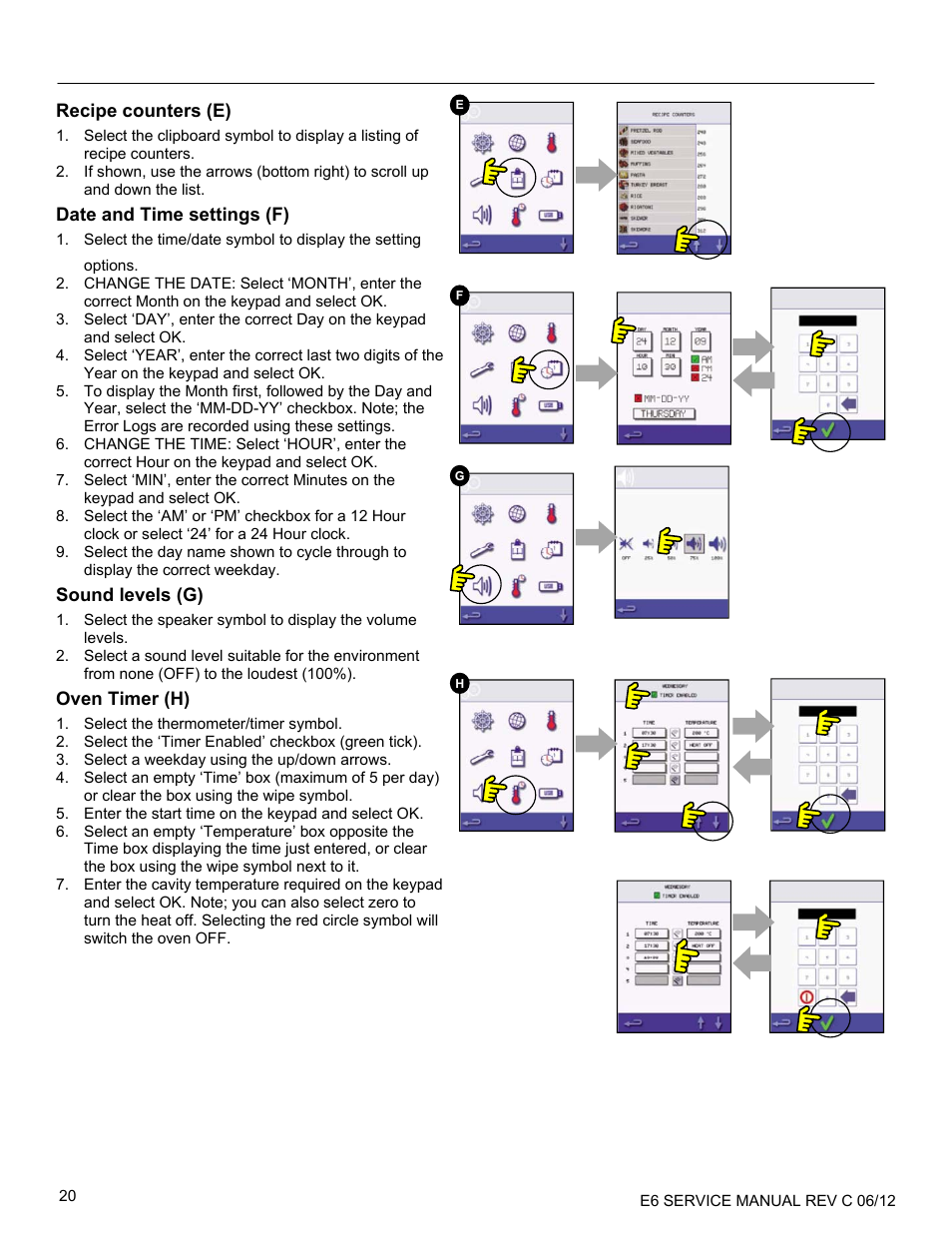 Recipe counters (e), Date and time settings (f), Sound levels (g) | Oven timer (h) | Merrychef eikon e6 User Manual | Page 20 / 64