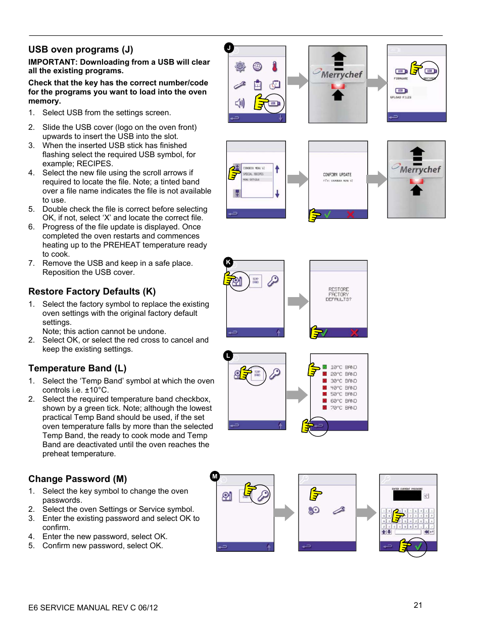 Usb oven programs (j), Restore factory defaults (k), Temperature band (l) | Change password (m) | Merrychef eikon e6 User Manual | Page 21 / 64