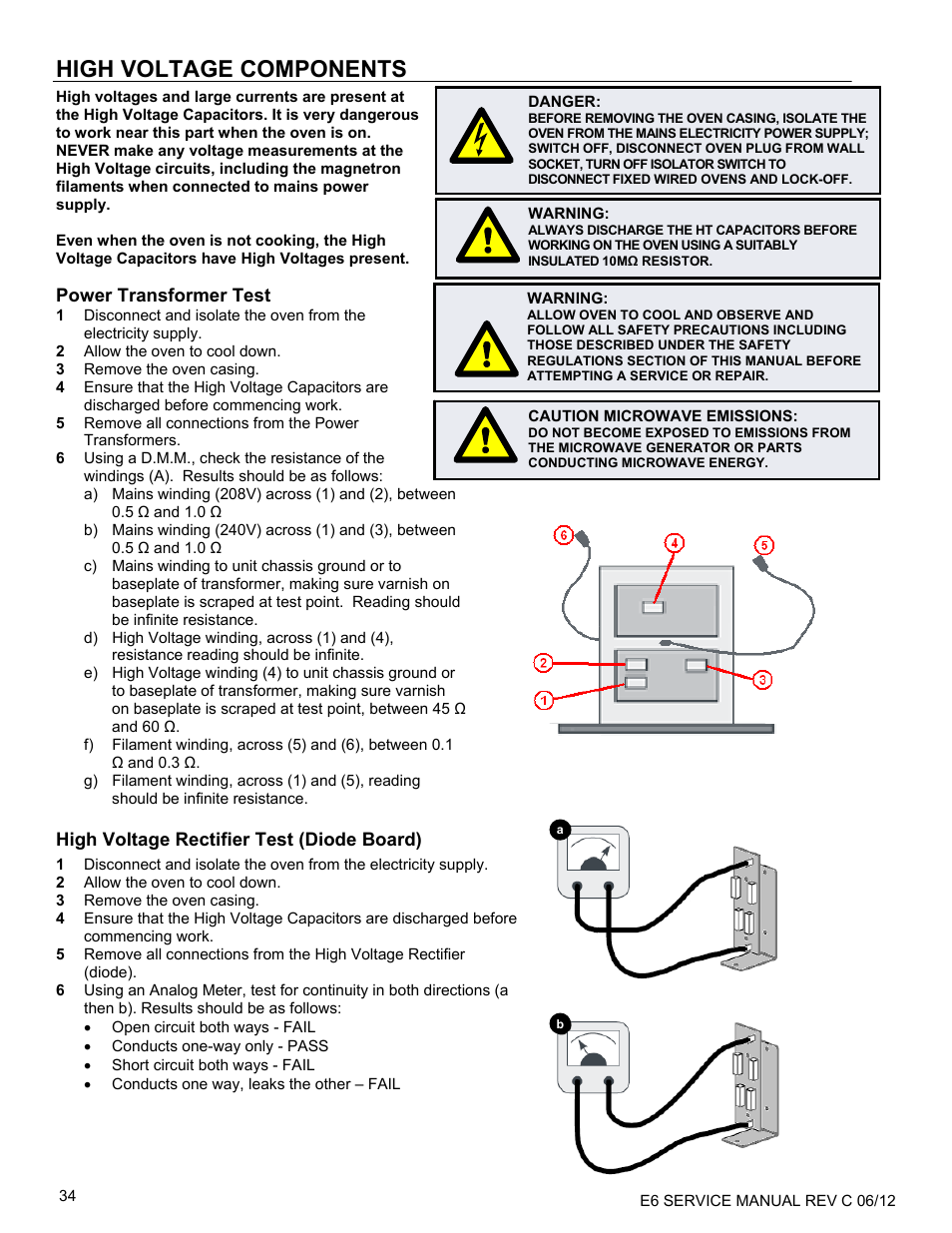 High voltage components, Power transformer test, High voltage rectifier test (diode board) | Merrychef eikon e6 User Manual | Page 34 / 64